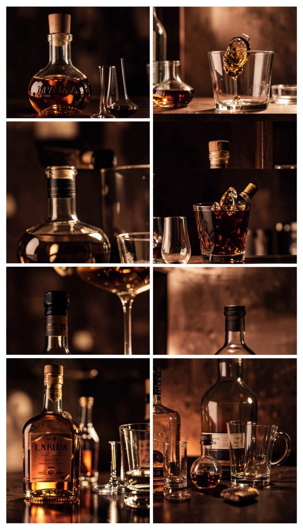 A moody, amber-toned print series featuring whiskey bottles and glassware, with deep browns, golds, and cream highlights
