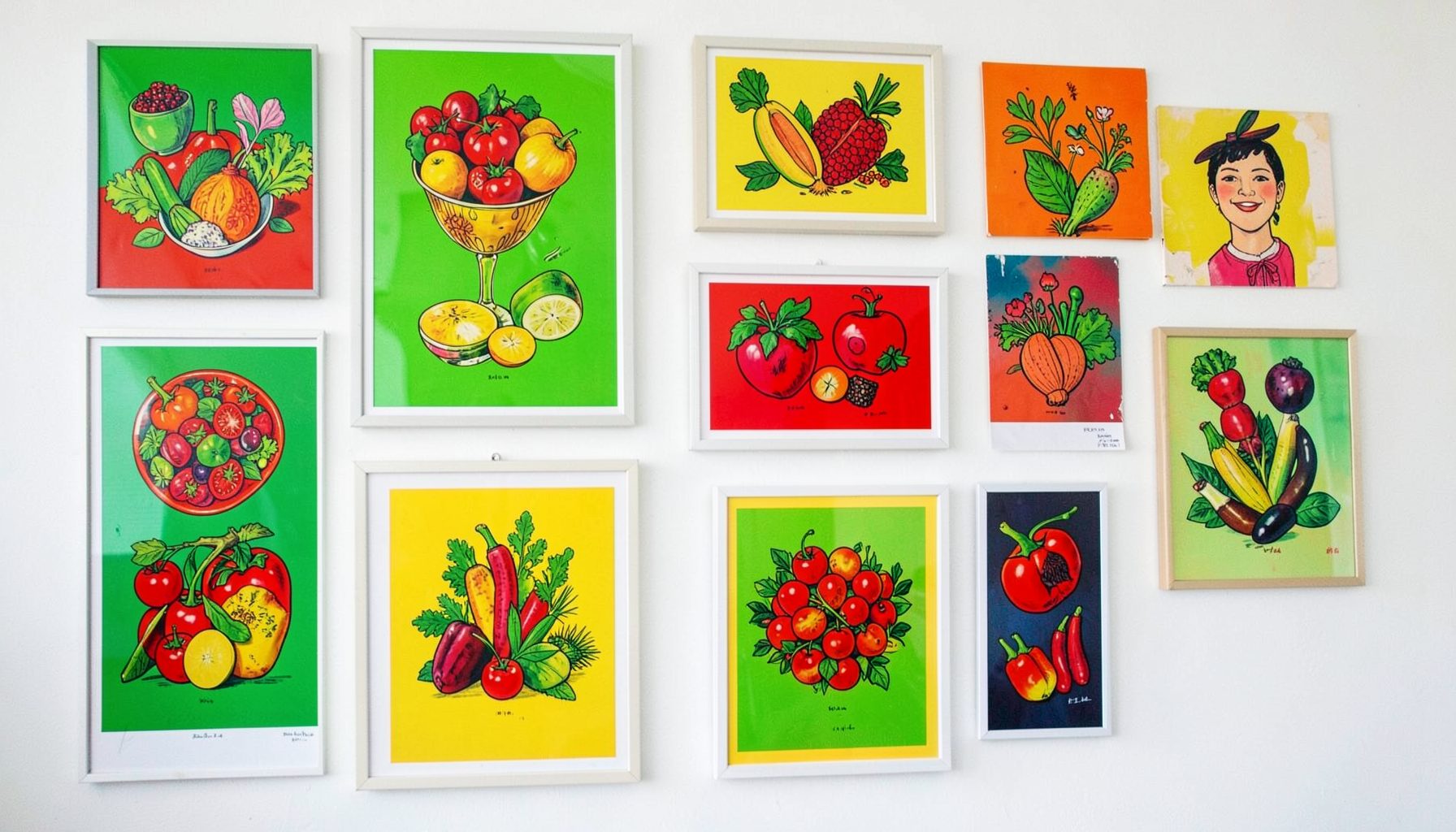 Colorful illustrated food prints in bright greens, reds, and yellows, arranged gallery-style on a white wall
