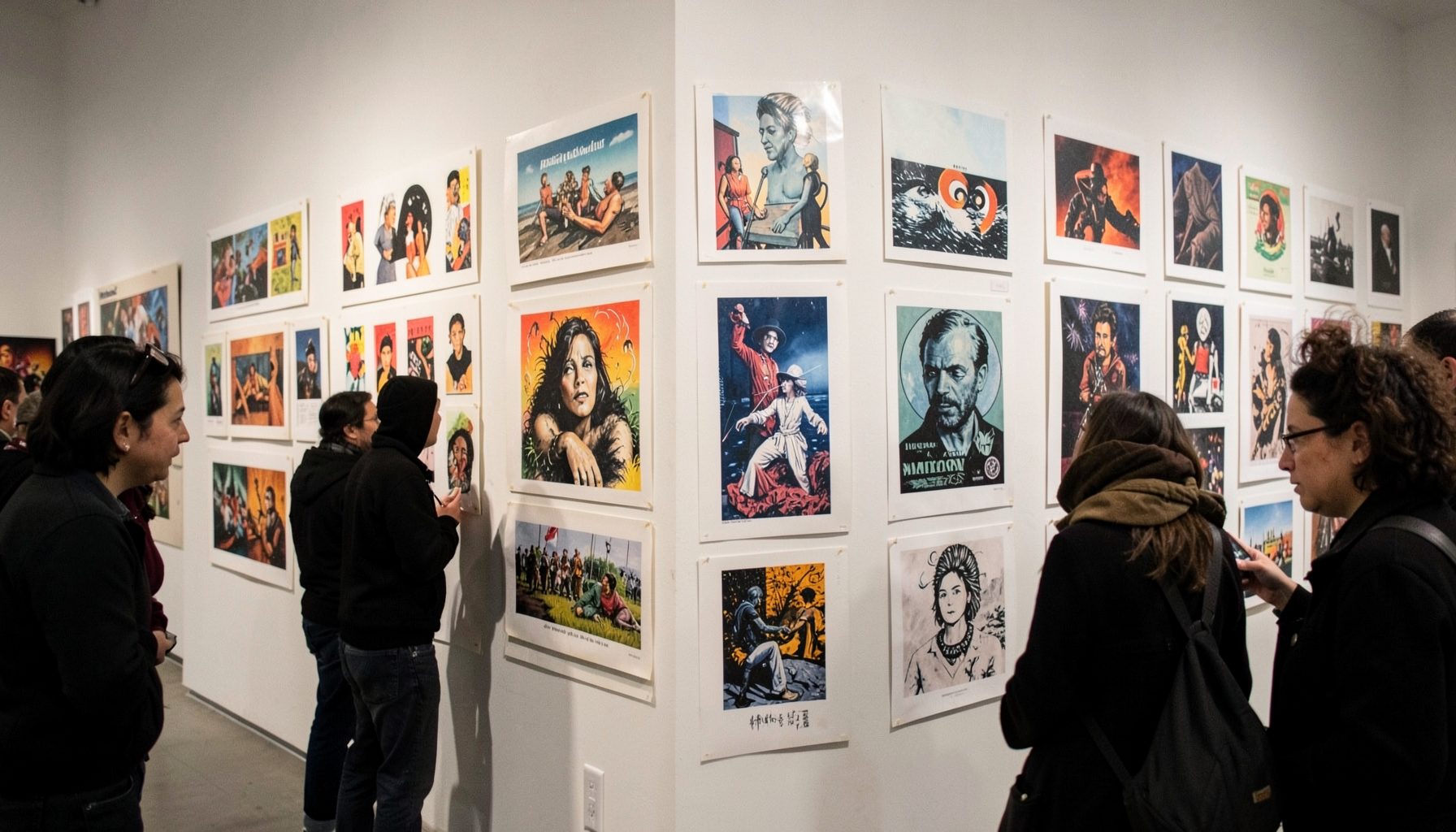 Gallery wall displaying a grid of screenprinted posters in varied styles, with visitors examining prints up close under soft gallery lighting.