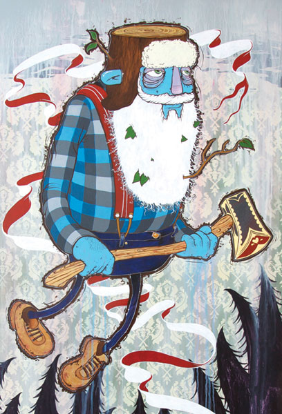 Whimsical illustrated lumberjack figure with a tree-stump head, wearing a red-and-blue plaid shirt and holding an axe, printed in a bold, flat screenprint style with red, blue, and white ink