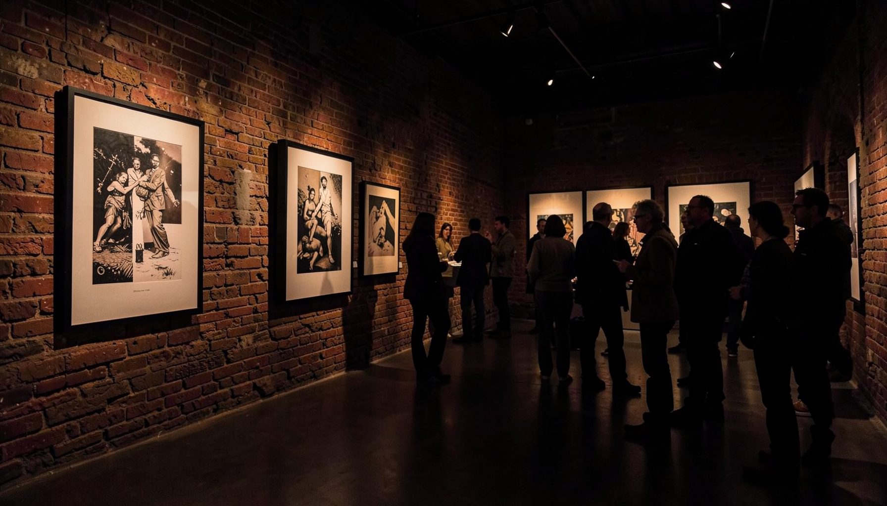 Dark, moody gallery interior with framed screenprints on exposed brick walls, warm amber lighting, and a small crowd of visitors browsing artwork.
