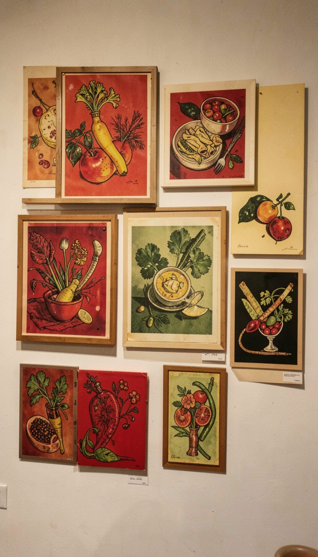 A warm, earthy still-life composition of food-inspired screenprints arranged on a gallery wall, with rich reds, yellows, and deep greens