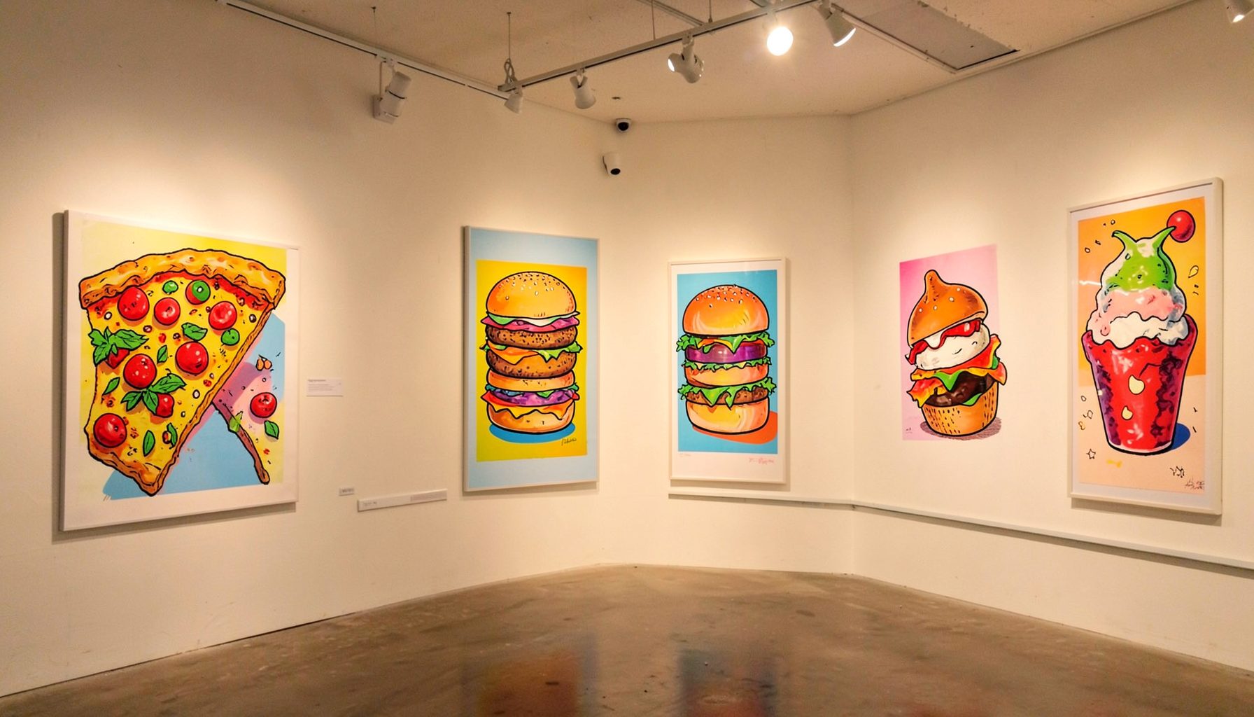 Bright, colorful screenprints featuring illustrated food — pizza slices, burgers, and ice cream — hanging in a gallery space with warm track lighting.