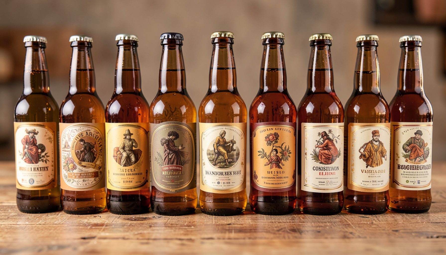 A row of amber beer bottles with illustrated labels in warm browns, golds, and cream tones, arranged on a wooden surface