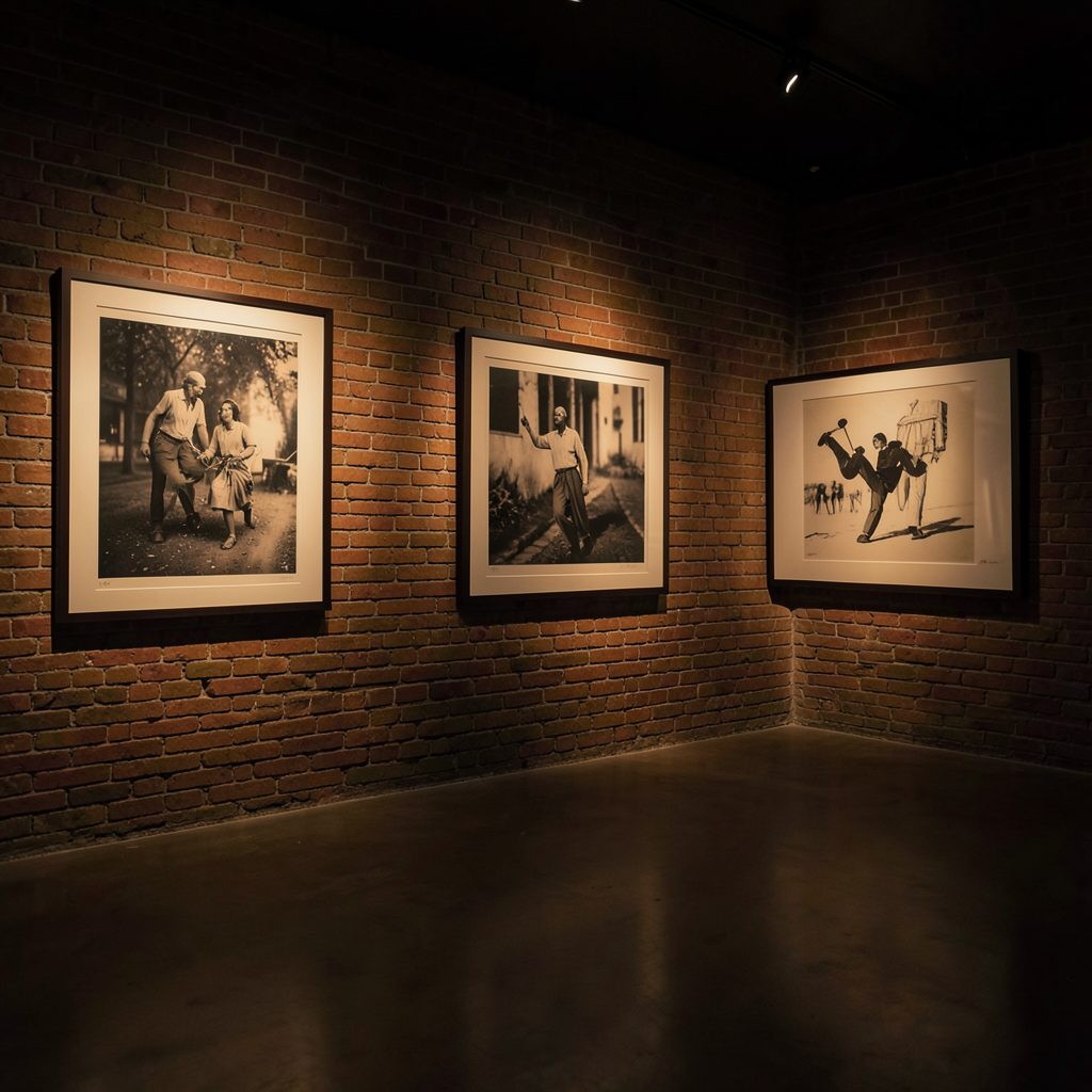A dimly lit gallery interior with framed screenprints on exposed brick walls, warm amber and charcoal tones