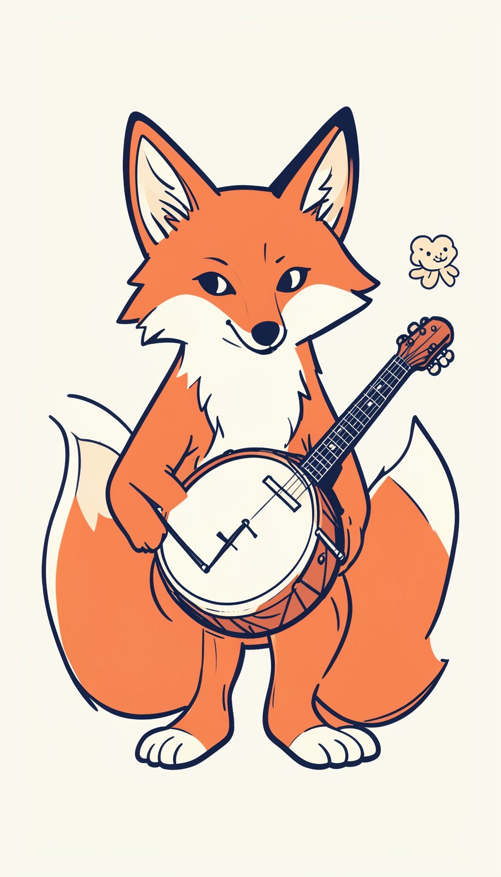 A crisp, graphic fox and banjo illustration in muted orange, navy, and cream, with clean linework and a folk-art feel